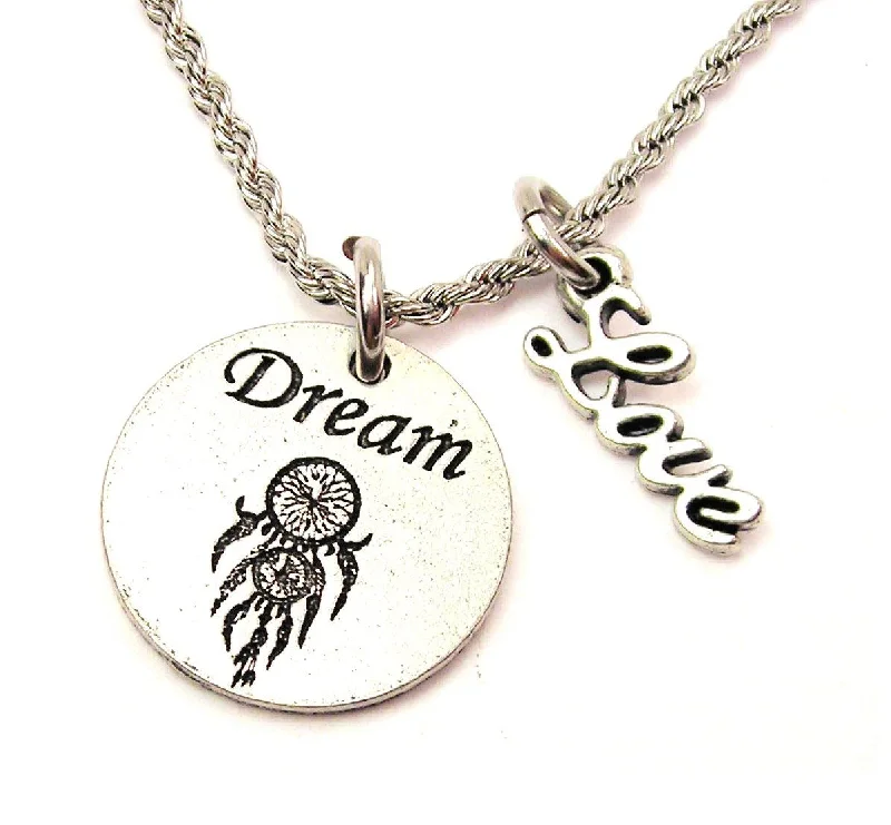 Diamond Pendant Necklace-Dream With Dream Catcher 20" Chain Necklace With Cursive Love Accent