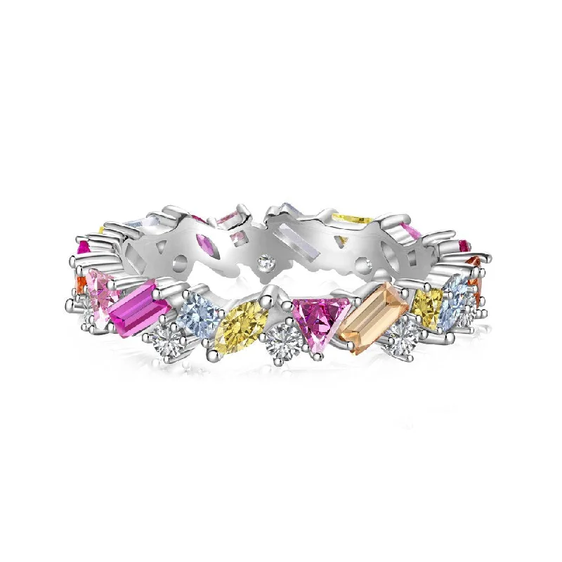 Custom Engraved Ring-Sterling Silver Multicolor Gemstone Eternity Band with Mixed-Cut Stones