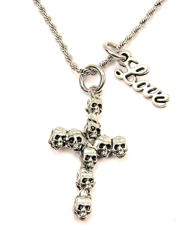 Sapphire Necklace-Skull Cross 20" Chain Necklace With Cursive Love Accent