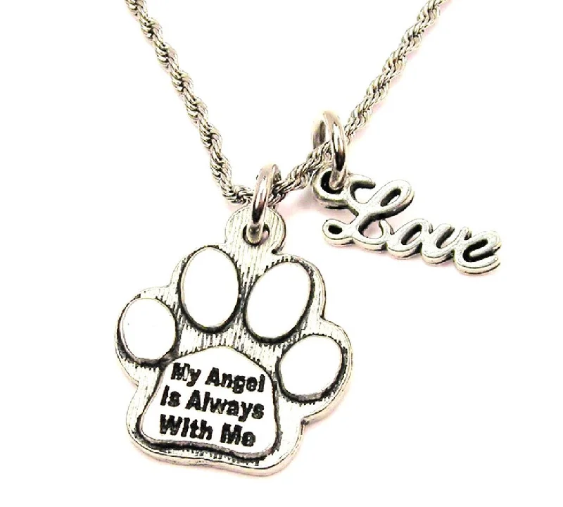 Chunky Chain Necklace-My Angel Is Always With Me Paw Print 20" Chain Necklace With Cursive Love Accent