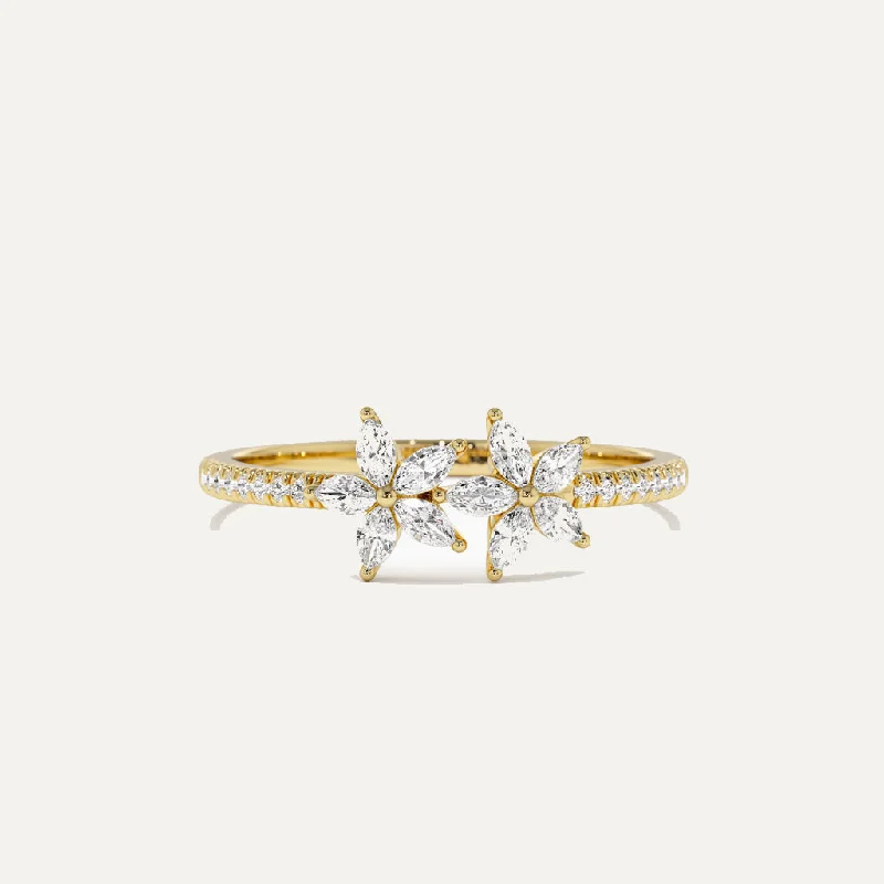 Modern Solitaire Ring-18K Gold Dual Flower Marquise Diamond Ring