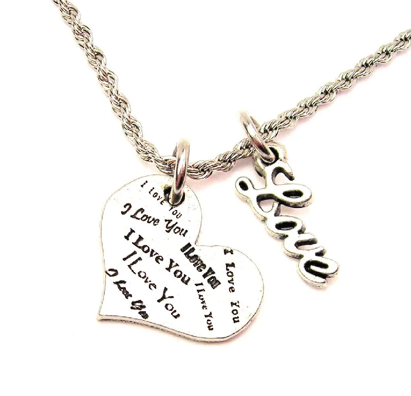 Bold Statement Necklace-I Love You I Love You Heart 20" Chain Necklace With Cursive Love Accent