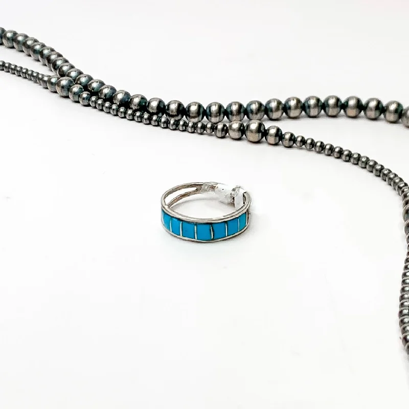 Silver Band Ring-Various Artists | Navajo Handmade Sterling Silver Ring with Deep Blue Turquoise Inlay