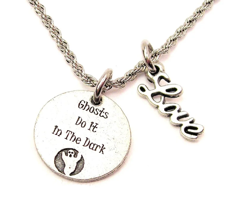 Retro Style Necklace-Ghosts Do It In The Dark 20" Chain Necklace With Cursive Love Accent