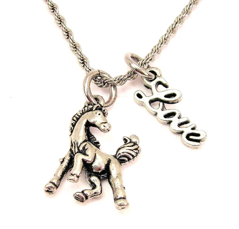 Natural Stone Necklace-Posing Horse 20" Chain Necklace With Cursive Love Accent