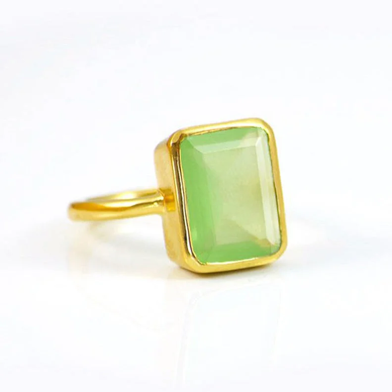 Sapphire Halo Engagement Ring-Green Chalcedony rectangle bezel set ring:August Birthstone