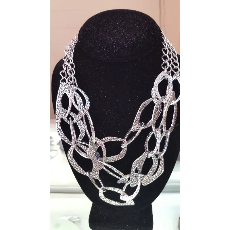 Layered Silver Necklace-Triple Layer Silver Geometric Metal Necklace