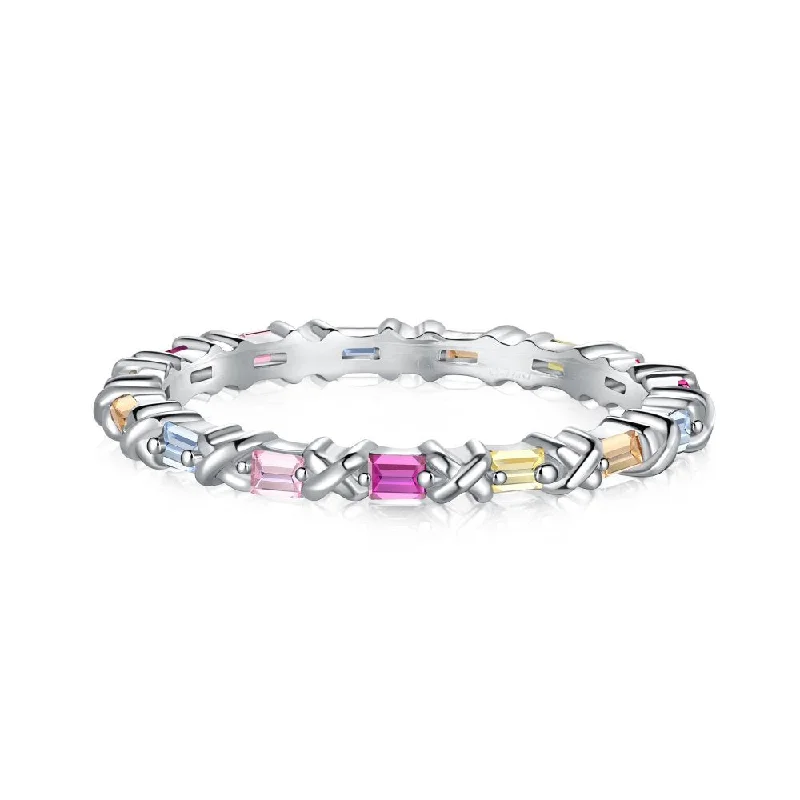 Silver Wedding Ring Set-Sterling Silver Multicolor Baguette Eternity Ring