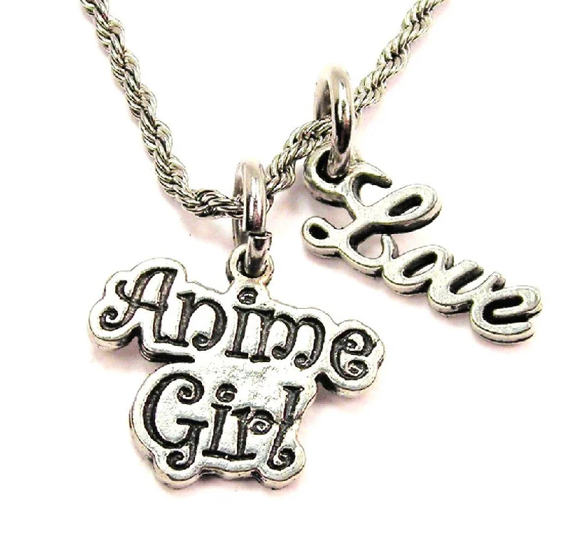 Large Pendant Necklace-Anime Girl 20" Chain Necklace With Cursive Love Accent