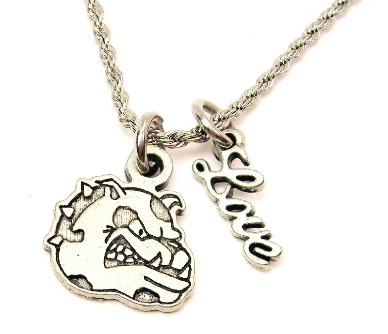 Thin Silver Necklace-Bulldog Mascot 20" Chain Necklace With Cursive Love Accent