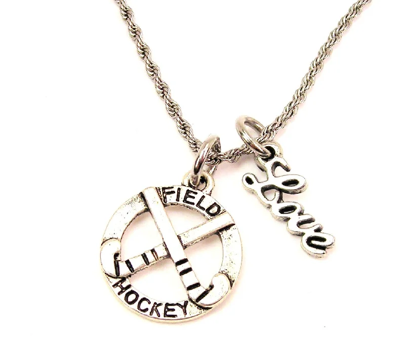 Rose Gold Pendant Necklace-Field Hockey With Sticks 20" Chain Necklace With Cursive Love Accent