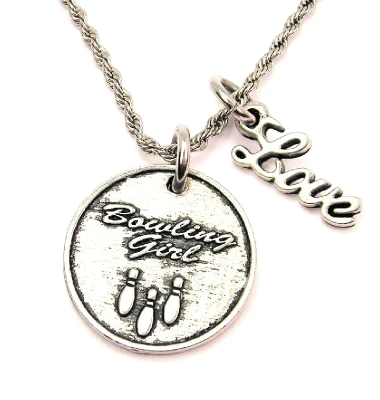 Custom Pendant Necklace-Bowling Girl 20" Chain Necklace With Cursive Love Accent