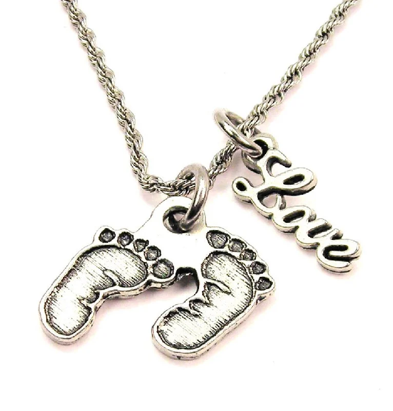 Beaded Necklace for Women-Baby Footprints 20" Chain Necklace With Cursive Love Accent