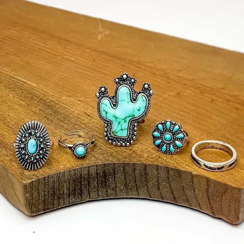 Women’s Rose Gold Ring-Set of 5 | Western Silver Tone Ring Set With Turquoise Stones