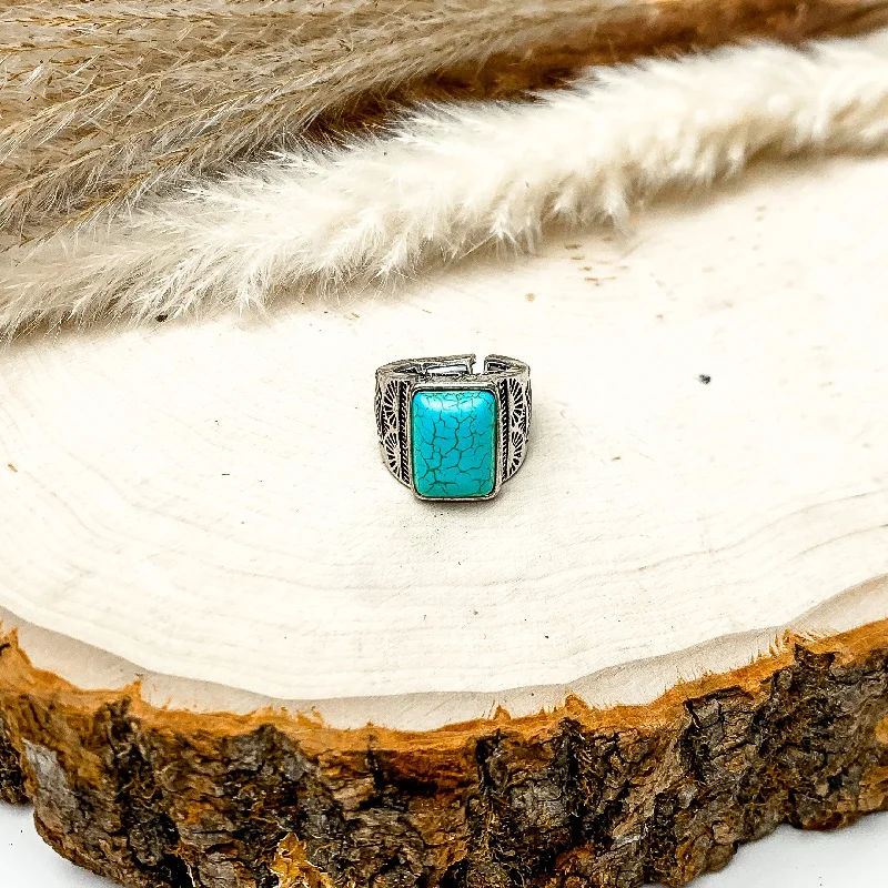 Heart-Shaped Engagement Ring-Faux Rectangle Turquoise Stone Stretchy Ring With Silver Tone Design