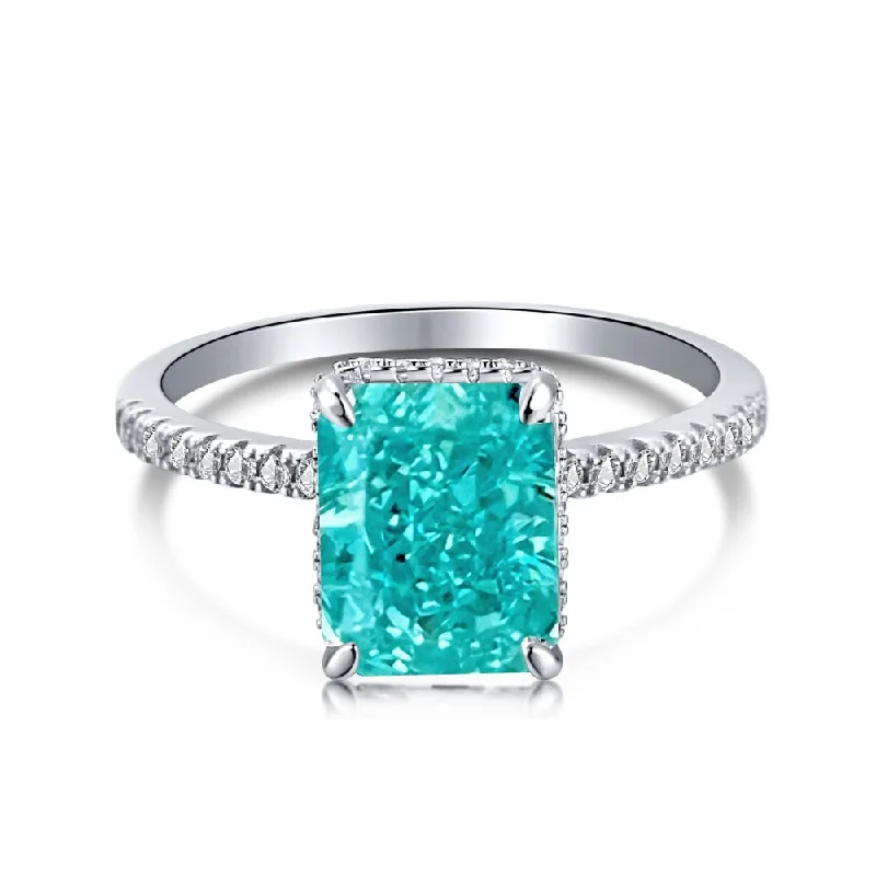 Engagement Ring with Side Stones-Aquamarine Solitaire Radiant Cut Half Eternity Diamond Ring Sterling Silver