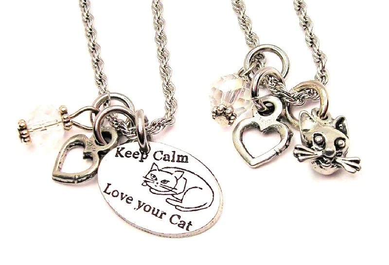 Nature Inspired Necklace-Keep Calm And Love Cats Set Of 2 Rope Chain Necklaces