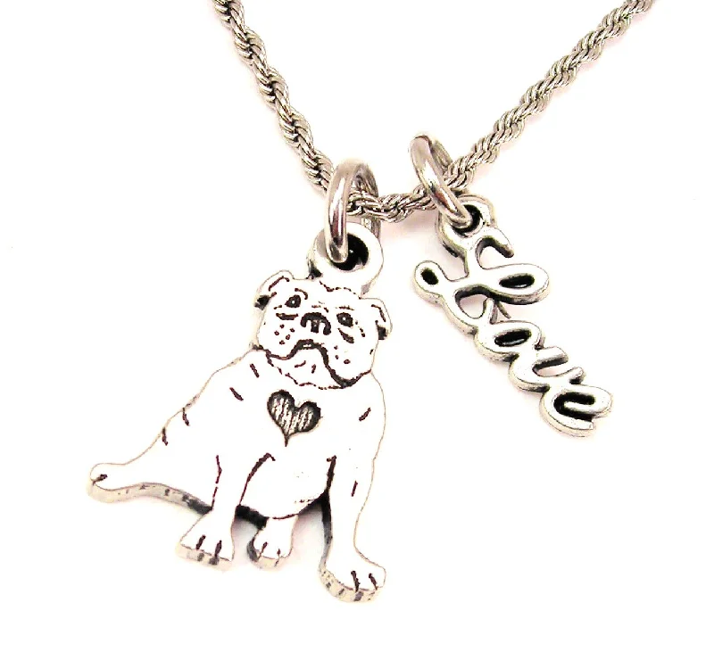 Simple Silver Pendant Necklace-Sitting Bulldog With Heart 20" Chain Necklace With Cursive Love Accent