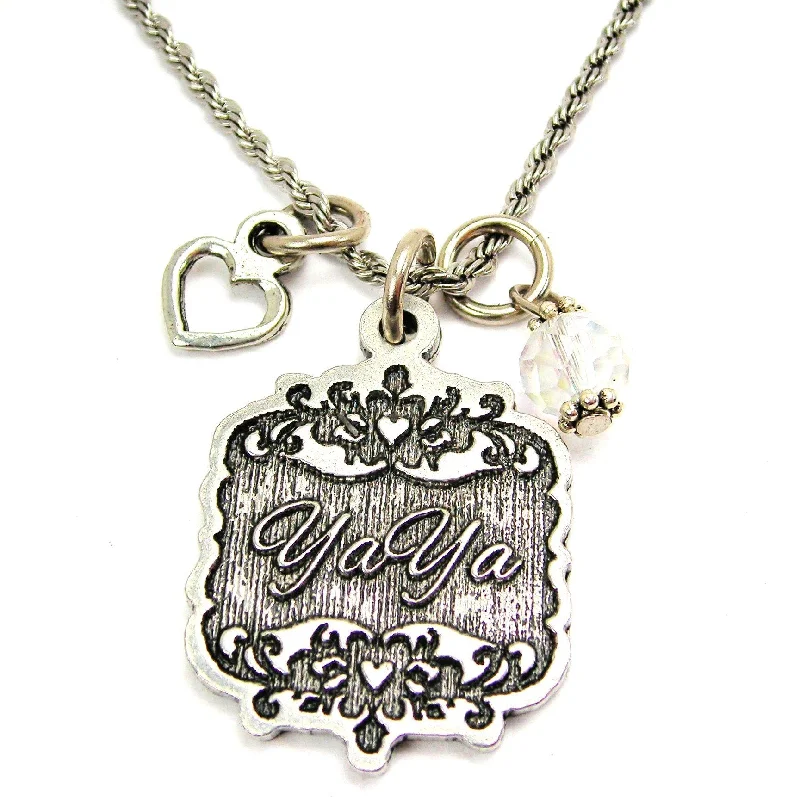 Simple Silver Pendant Necklace-YaYa Victorian Scroll With Open Heart And Crystal 20" Stainless Steel Rope Necklace