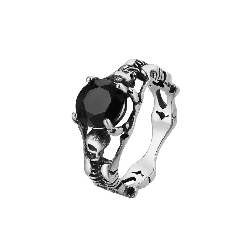 Engagement Ring with Blue Sapphire-Black Skeleton Ring with Black Gemstone | Stainless Steel Gothic Jewelry