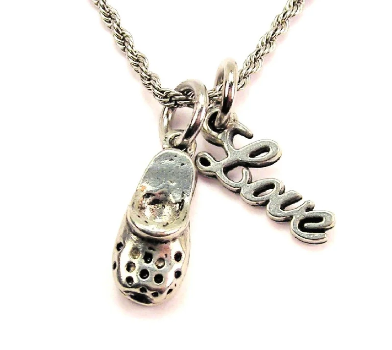 Handmade Pendant Necklace-Clog With Holes 20" Chain Necklace With Cursive Love Accent