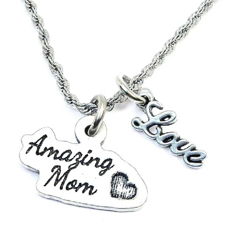 Silver Heart Pendant Necklace-Amazing Mom 20" Rope Necklace With Love