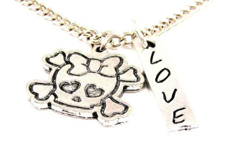 Silver Chain Necklace with Pendant-Skull And Crossbones With Bow And Heart Eyes Love Stick Necklace