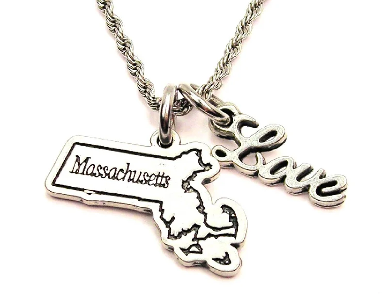 Silver Drop Necklace-Massachusetts 20" Chain Necklace With Cursive Love Accent