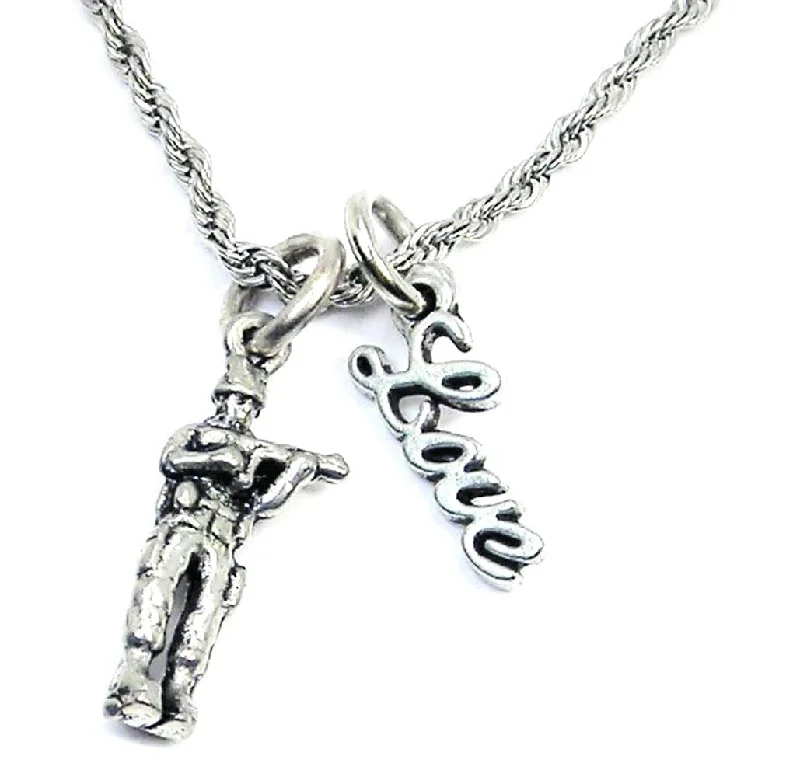 Silver Chain Necklace-Standing Soldier With Gun 20" Rope Necklace With Love