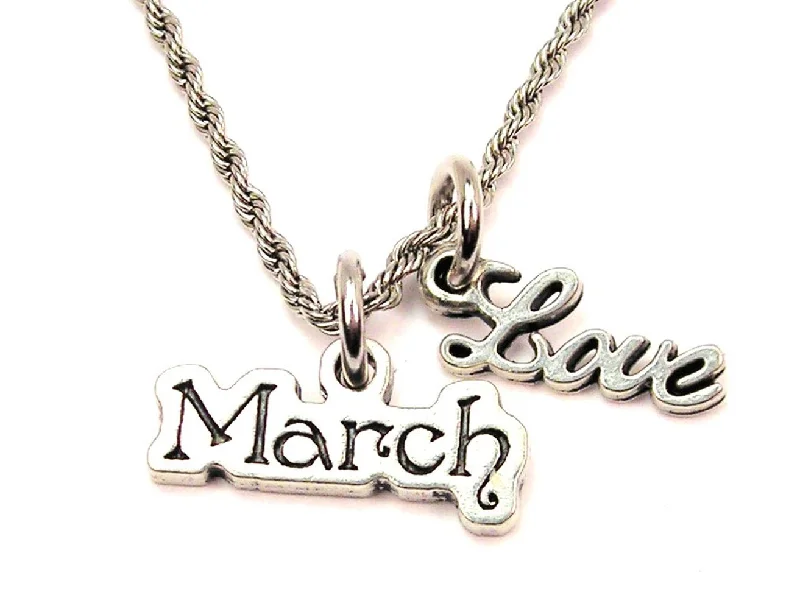 Natural Stone Pendant Necklace-March 20" Chain Necklace With Cursive Love Accent