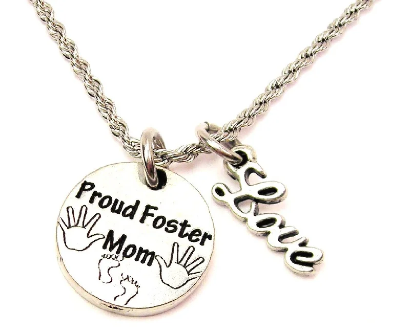 Retro Gold Necklace-Proud Foster Mom 20" Chain Necklace With Cursive Love Accent