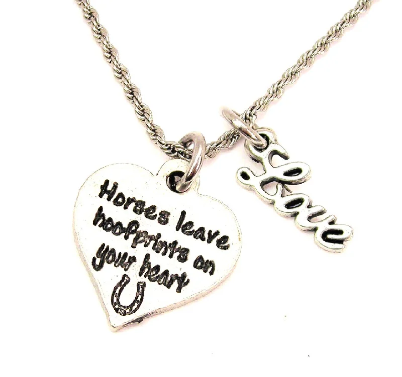 Large Bead Necklace-Horses Leave Hoofprints On Your Heart 20" Chain Necklace With Cursive Love Accent