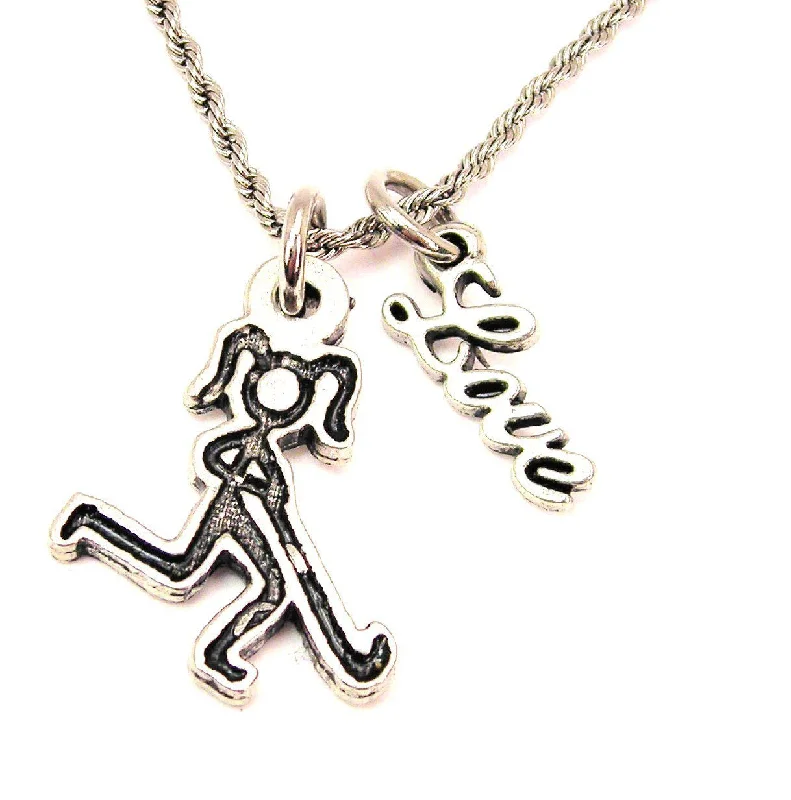 Custom Birthstone Necklace-Stick Figure Lacrosse Girl 20" Chain Necklace With Cursive Love Accent