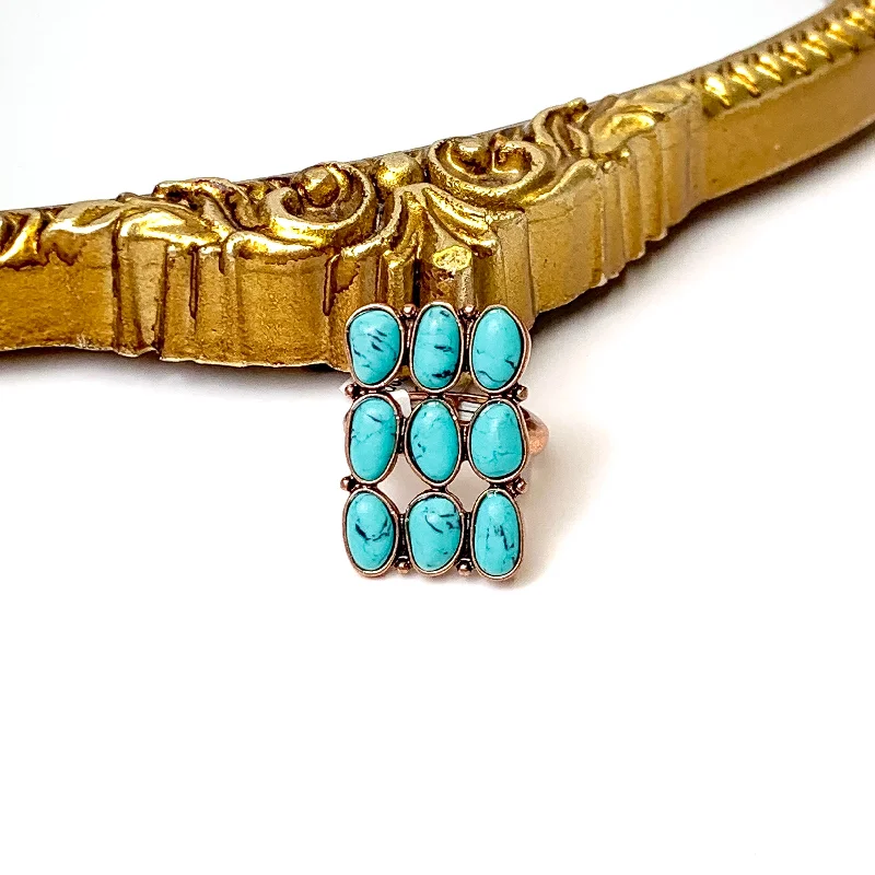 Vintage Gemstone Ring-Copper Tone Western Nine Stone Stretchy Ring in Turquoise Blue