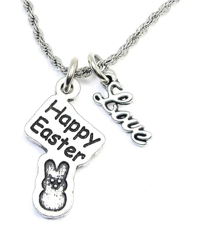 Lightweight Pendant Necklace-Happy Easter With Marshmallow Bunny 20" Rope Necklace With Love