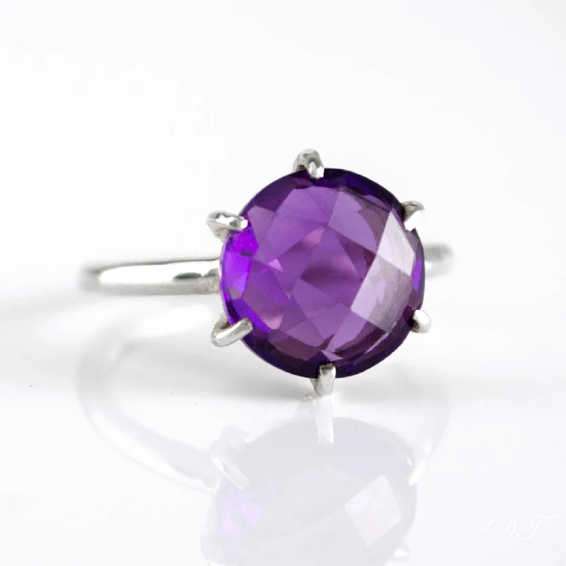 Thin Gold Ring for Women-Purple Amethyst Round Prong Set Ring : February Birthstone