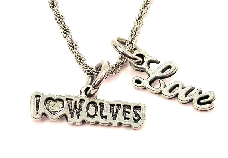 Simple Chain Necklace-I Love Wolves 20" Chain Necklace With Cursive Love Accent