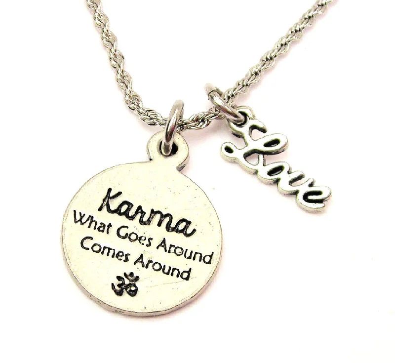 Multi-Colored Bead Necklace-Karma What Goes Around Comes Around 20" Chain Necklace With Cursive Love Accent