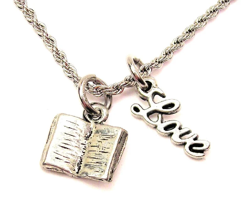 Heart Pendant Necklace for Women-Open Book 20" Chain Necklace With Cursive Love Accent