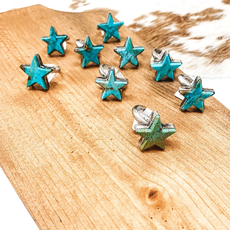 Chunky Gold Ring-Robert Shakey | Navajo Handmade Adjustable Sterling Silver and Kingman Turquoise Star Ring