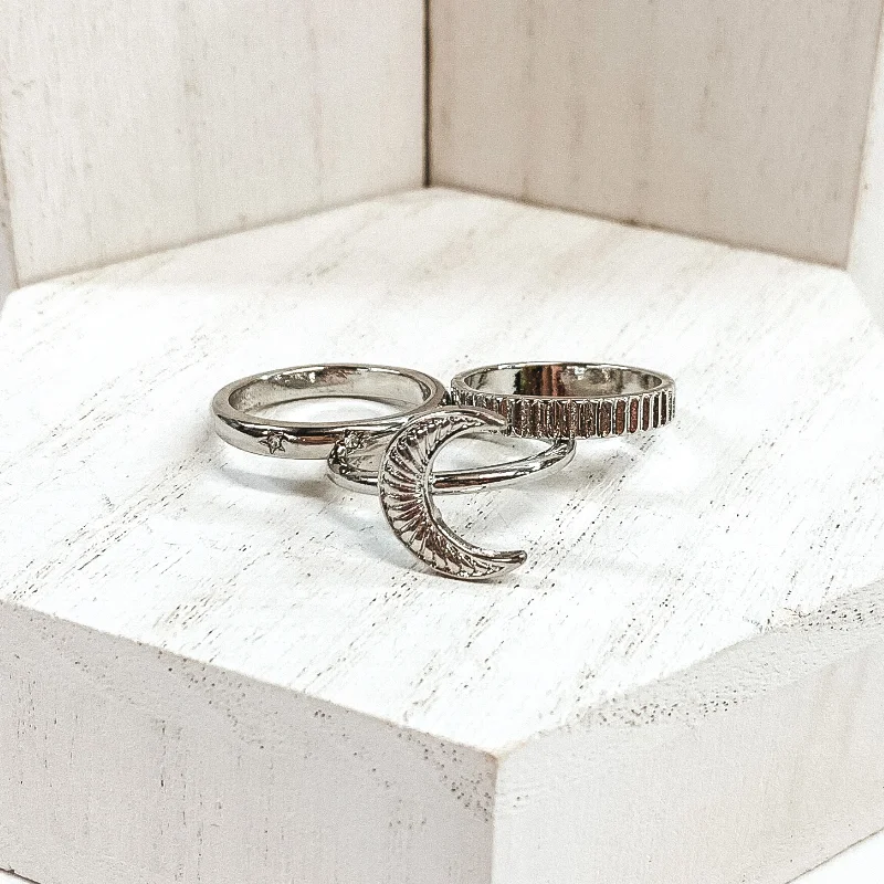 Vintage Diamond Ring-Set of 3 | Moon Charm Ring Set in Silver Tone