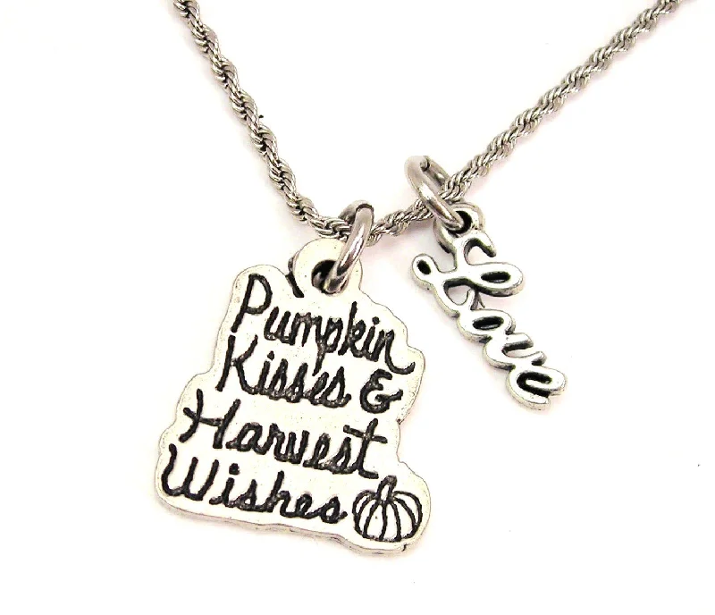 Gold Necklace for Everyday Wear-Pumpkin Kisses And Harvest Wishes 20" Chain Necklace With Cursive Love Accent