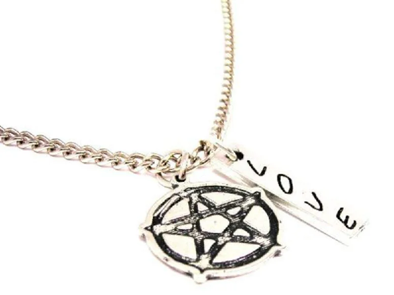 Handmade Silver Necklace-Engraved Style Pentacle Love Stick Necklace