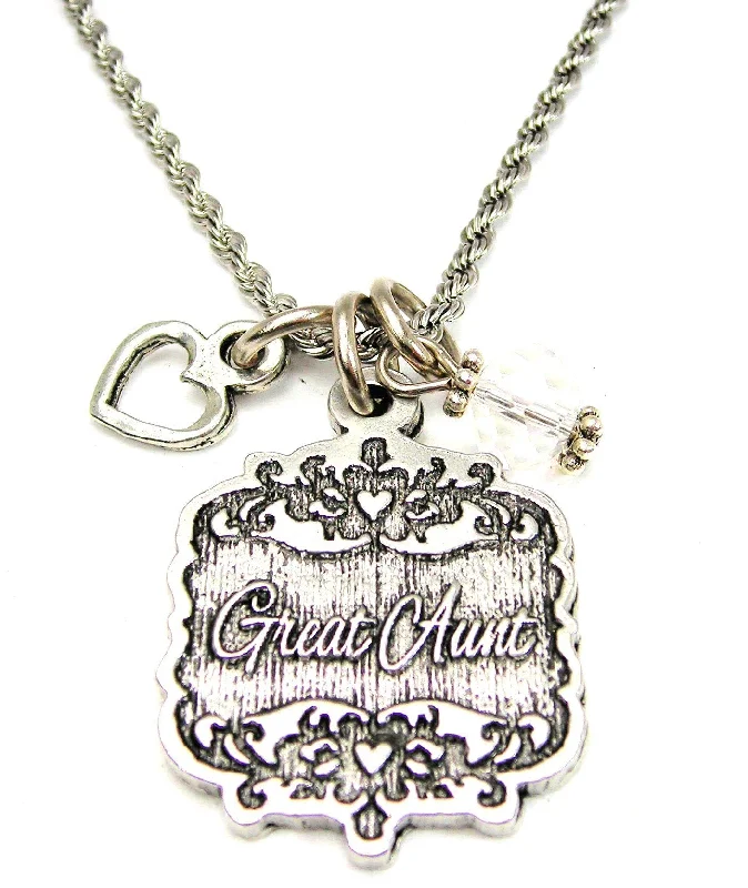 Diamond and Pearl Necklace-Great Aunt Victorian Scroll With Open Heart And Crystal 20" Stainless Steel Rope Necklace