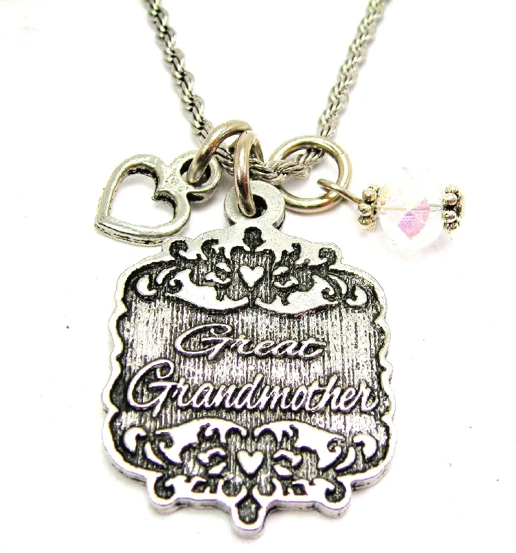 Fashion Necklace for Party-Great Grandmother Victorian Scroll With With Open Heart And Crystal 20" Stainless Steel Rope Necklace